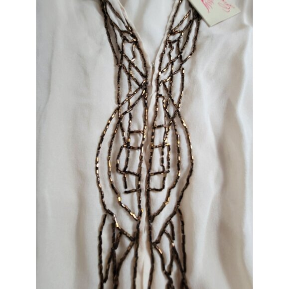 Gold Hawk Womens Beige Silk Beaded Trim Cardigan Shrug Jacket Medium New $165 - Picture 4 of 8